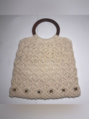 VTG 70s Macrame Boho Handbag Wood Ring Handles Bead Accent Lined